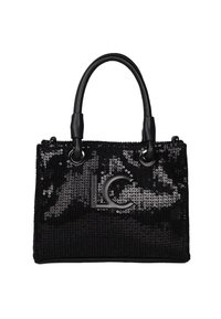 Sac à main noir pailleté avec deux poignées courbées, une surface texturée et un logo "LC" argenté bien en vue à l'avant.