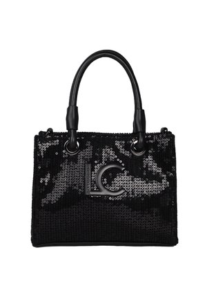 Borsa a tracolla nera con paillettes, dotata di due manici curvi, una superficie testurizzata e un prominente logo argentato "LC" sul davanti.