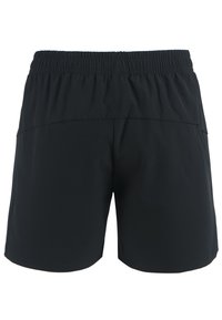 Zwarte sportshorts met een elastische tailleband, met een gladde textuur en een eenvoudig ontwerp. Geen zichtbare patronen of accenten.