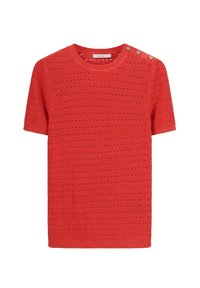 Haut tricoté rouge à manches courtes avec un motif texturé et des accents de boutons sur l'épaule. Coupe régulière avec un col rond.