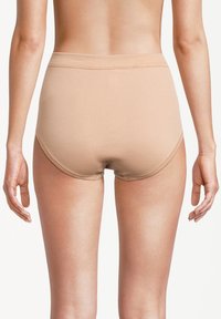 Beige high-waisted underwear with a smooth texture. Features a seamless design and a soft elastic waistband for comfortable wear.