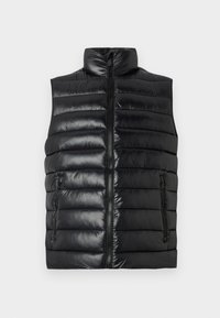 Vesta puffer fără mâneci, matlasată, de culoare neagră, cu guler în picioare, fermoar frontalsi două buzunare laterale cu fermoar, pe un fundal simplu.