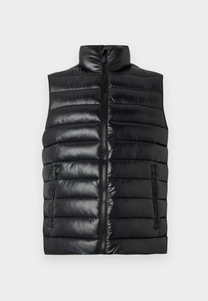 Gilet matelassé sans manches de couleur noire avec col montant, fermeture éclair à l'avant et deux poches latérales zippées sur fond uni.