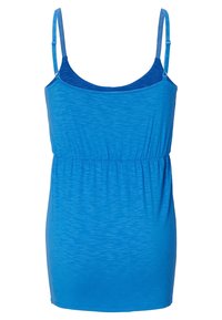 Modrá bezrukávová blůza s tenkými ramínky, elastickým pasem a hladkou texturou; má jemný melírovaný vzor.