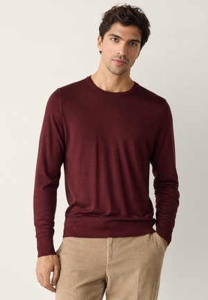 Man with dark hair wearing a long-sleeve burgundy sweater and beige corduroy pants, standing against a plain light background.