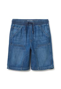 Pantalones cortos de mezclilla con una cinturilla elástica y cordón, que cuentan con dos bolsillos frontales y dos bolsillos de parche en contraste. Azul claro y oscuro.