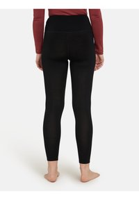 Svarta leggings gjorda av töjbart tyg, med en hög midja och en slät textur. Inga synliga mönster eller hårdvarudetaljer.