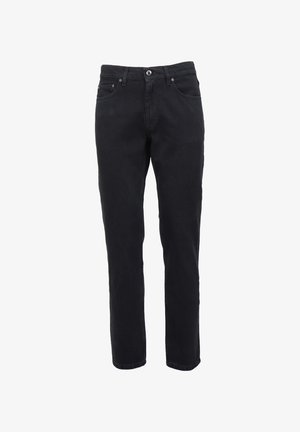 Crne traperice s ravnim nogavicama, pet džepova i kopčanjem na gumbu u struku, s suptilnim detaljima šivanja.