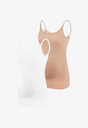 Deux camisoles de maternité en blanc et nude. Fabriquées en tissu extensible avec des bretelles ajustables et un design ajusté pour le confort.