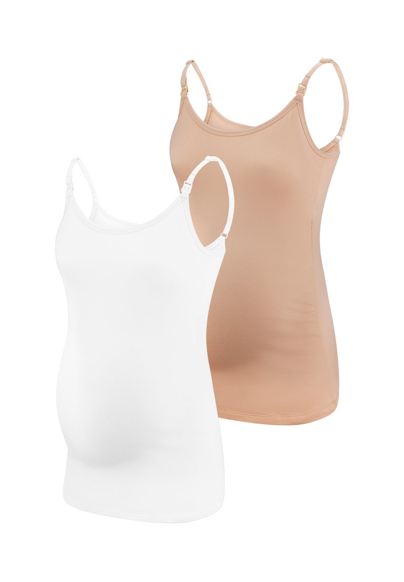 Due camisole per maternità in bianco e nudo. Realizzate in tessuto elasticizzato con spalline regolabili e design aderente per un comfort ottimale.