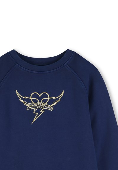 Μπλε ναυτικό φούτερ με στρογγυλή λαιμόκοψη που διαθέτει χρυσή κεντημένη καρδιά με φτερά και σχέδιο κεραυνού στο στήθος.