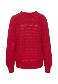 Pulover tricotat roșu, cu o croială largă, având o textură ribbed și mâneci lungi. Partea din spate are un model cu dungi orizontale, adăugând profunzime.