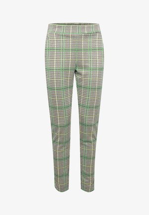 Pantalones a cuadros en beige, verde y azul. Presentan un corte ajustado, cinturilla elástica y una textura suave con un patrón estructurado.