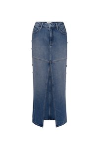 Denim rok met een hoge taille en een rechte silhouet, voorzien van knoopaccenten aan de zijkant en een voorklief voor extra detail.