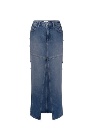 Denim rok met een hoge taille en een rechte silhouet, voorzien van knoopaccenten aan de zijkant en een voorklief voor extra detail.