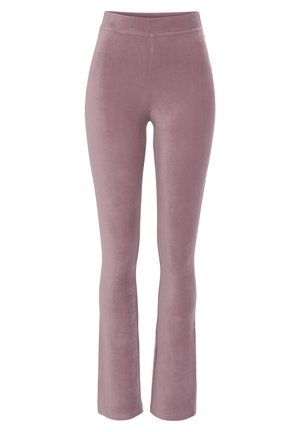 Rosa Cordhosen im Schlagschnitt mit hohem Bund. Hergestellt aus strukturiertem Stoff mit glatter Oberfläche. Abgesteppte Kanten sorgen für einen sauberen Abschluss.