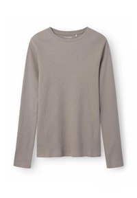 Langärmliges, geripptes Oberteil in weichem Beige. Es hat einen Rundhalsausschnitt und eine körpernahe Passform. Hergestellt aus einem dehnbaren, leichten Stoff.