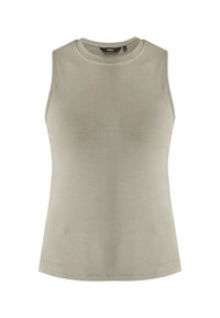 Haut sans manches en jersey côtelé beige clair, doté d'un col rond et d'une coupe ajustée, avec une texture lisse et sans matériel visible.