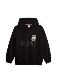 Sudadera negra hecha de tejido suave, con un bolsillo delantero tipo canguro y la marca del Los Angeles Football Club en dorado y blanco.