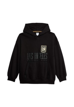 Hoodie noir en tissu doux, avec une poche kangourou à l'avant, et un logo du Los Angeles Football Club en doré et blanc.