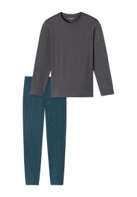 Long-sleeve dark gray crew neck top paired with teal patterned full-length leggings, laid flat on white background.