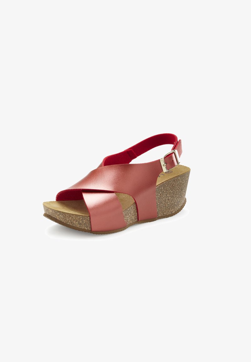 Wedge sandal with a coral leather upper and red elastic strap. Textured cork heel provides stability. Open toe design for breathability.