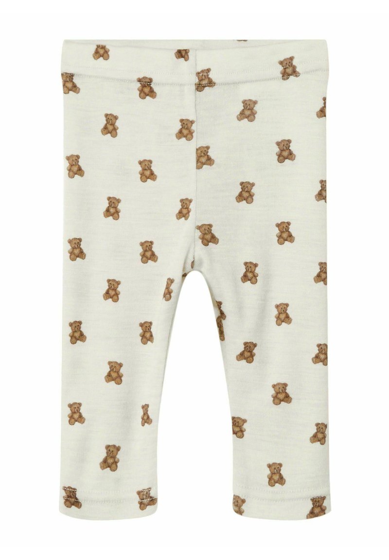 Leggings pour bébé de couleur crème avec de petits imprimés d'ours en peluche marron sur toute la surface, dotés d'une taille élastique et de jambes droites.