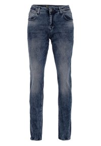 Jeans skinny en denim bleu foncé délavé, comprenant cinq poches, une fermeture à bouton et un léger effet de dégradé pour la texture.