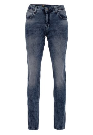 Schlanke Jeans aus verblasstem dunkelblauen Denim, ausgestattet mit fünf Taschen, einem Knopfverschluss und subtilen Waschungen für Textur.