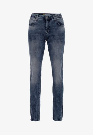 Schlanke Jeans aus verblasstem dunkelblauen Denim, ausgestattet mit fünf Taschen, einem Knopfverschluss und subtilen Waschungen für Textur.