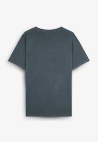 Donkergrijze T-shirt met korte mouwen, ronde hals en een gladde textuur. De achterkant is eenvoudig en heeft geen extra details of patronen.