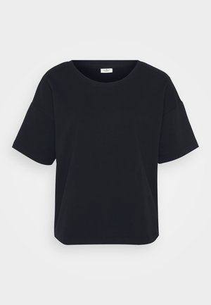 Black short-sleeve t-shirt with a round neckline, relaxed fit, and a smooth texture. Features subtle shoulder detailing.