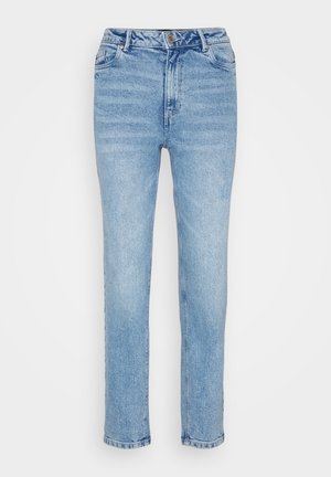 Light blue denim jeans with a straight leg, high waist, five-pocket design, and a zipper fly with a metal button closure.