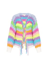 Krāsains saīsināts kardigāns ar masīvām adījuma tekstūrām. Tam ir pasteļtoņu svītras rozā, zilā, zaļā, dzeltenā, oranžā un baltā krāsā ar ribotas aproces.