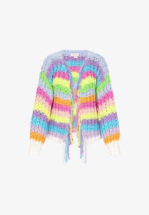 Multikleurige, korte cardigan met een chunky brei-textuur. Kenmerkt zich door pastelstrepen in roze, blauw, groen, geel, oranje en witte ribbelmanchetten.