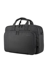 Borsa per laptop nera con scomparti doppi con zip, manici resistenti, esterno in tessuto texturizzato e un piccolo logo sulla parte anteriore.