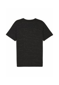 Sort t-shirt med et struktureret mønster, set fra ryggen. Korte ærmer og rund halsudskæring, minimalistisk design.