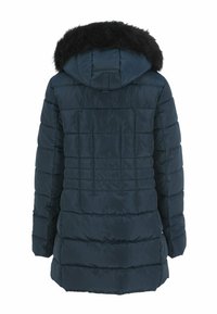 Mørkeblå quilted vinterjakke med hætte og sort faux fur kant, vist fra ryggen på en hvid baggrund.