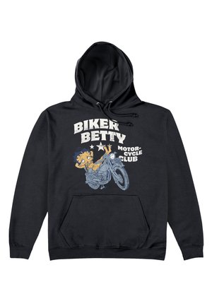 Sort hættebluse med snøre, der har et grafisk motiv af en karakter på en motorcykel. Tekst: "Biker Betty Motorcycle Club." Frontlomme.
