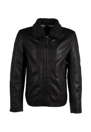 Schwarze Lederjacke mit einem strukturierten schwarzen Kragen, Reißverschluss, zwei Seitentaschen und einer schlanken Passform. Glatte Oberfläche mit minimaler Verzierung.