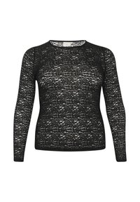 Top de encaje negro de manga larga con un patrón texturizado, escote redondo y silueta ajustada. Material ligero, apariencia semitransparente.