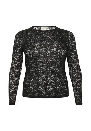 Melnas mežģīņu blūze ar garām piedurknēm, teksturētu rakstu, apaļu kakla izgriezumu un pieguļošu siluetu. Viegls materiāls, daļēji caurspīdīga izskata.