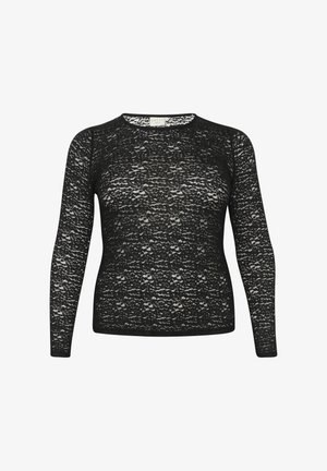 Černý krajkový top s dlouhým rukávem a strukturovaným vzorem, kulatým výstřihem a přiléhavým střihem. Lehký materiál, poloprůhledný vzhled.