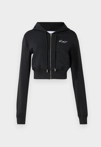 Felpa nera corta con maniche lunghe, chiusura con zip, tasche frontali e design ricamato sul petto. Realizzata in tessuto morbido e elastico.