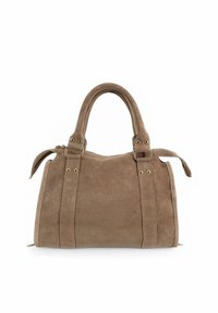 Sac à main en suède beige avec poignées doubles, quincaillerie dorée et coutures d'accent ; il dispose d'une fermeture éclair et d'une poche latérale.