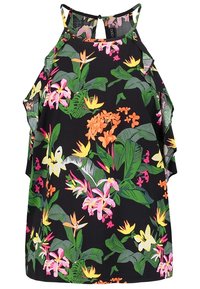 Top senza maniche floreale con sfondo nero, caratterizzato da fiori vibranti in rosa, giallo e arancione, foglie verdi e dettagli arricciati sulle spalle.