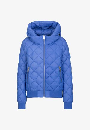 Blaues Puffer-Jacke mit Rautensteppung, einer großen Kapuze, Frontreißverschluss und zwei seitlichen Reißverschlusstaschen. Verfügt über gerippte Bündchen und Saum.