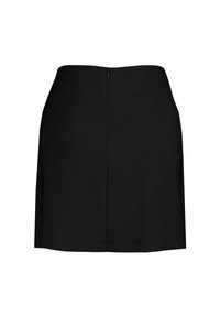 Jupe droite noire longueur genou avec fermeture éclair au dos, design simple, sans motifs ni ornements.