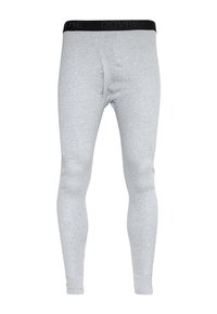 Grå leggings lavet af blødt stof med en sort elastisk talje, der har teksten "DOVRE." De har en tætsiddende pasform og er sømløse.