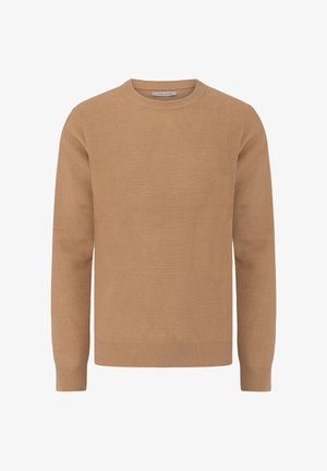 Hellbrauner Strickpullover mit Rundhalsausschnitt, langen Ärmeln, gerippten Bündchen und Saum, der ein strukturiertes Webmuster aufweist.